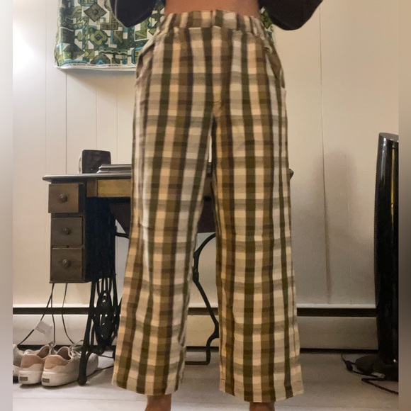 FREE PEOPLE Love Buzz Straight-leg Plaid Check Pants In Olive Combo - Picture 4 of 4